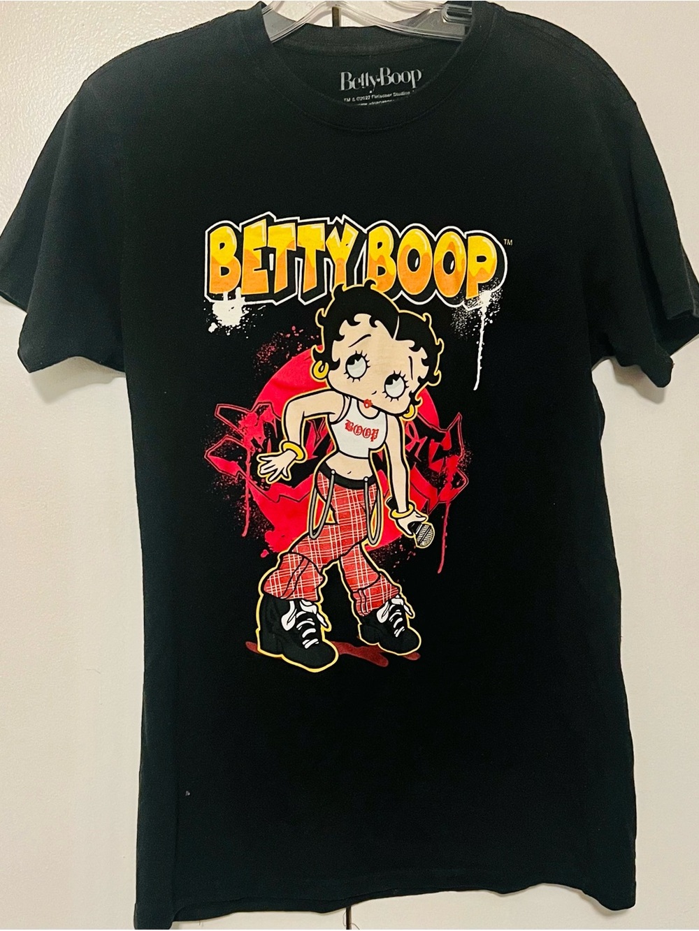 Betty Boop Black Tee with Yellow Logo and Red Plaid Graphic M